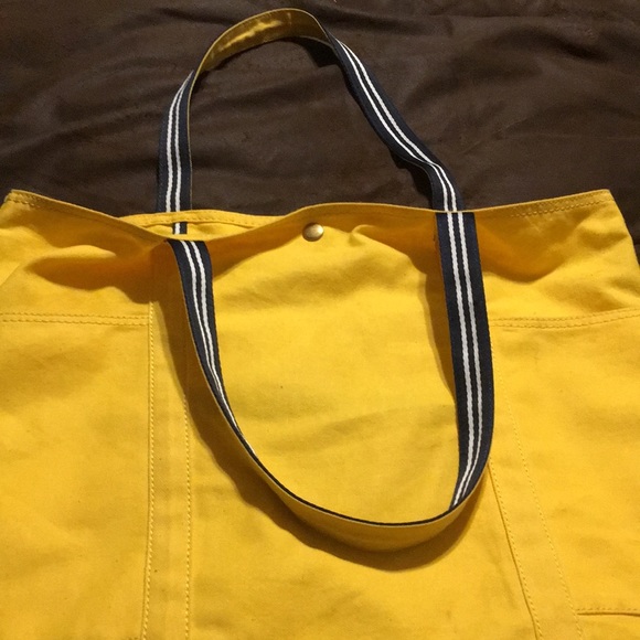 J. CREW yellow tote bag with navy and white trim - Picture 4 of 9